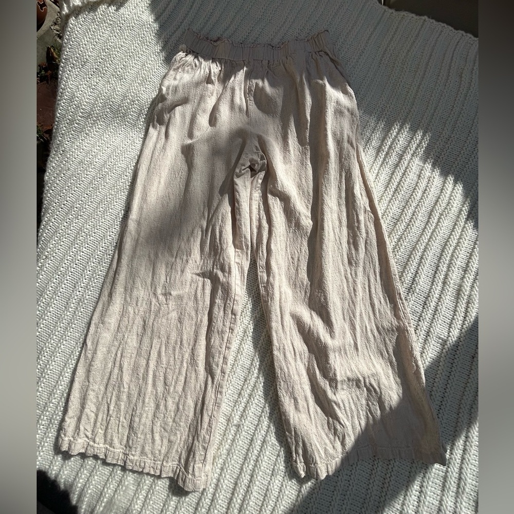 Cream Linen Wide-Leg Pants, Size L, Emery Rose - Picture 3 of 4